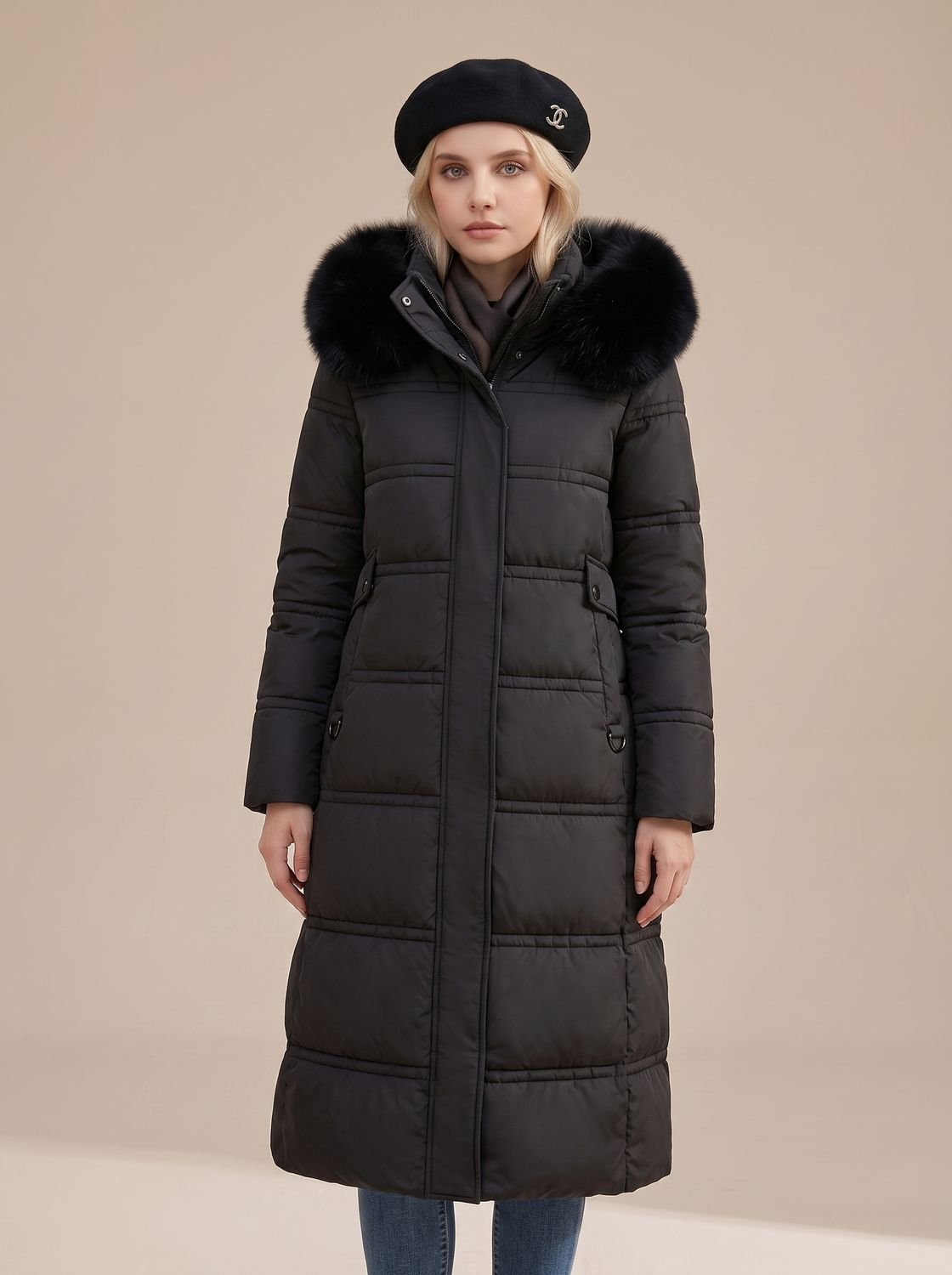 Women's Quilted Fur-Hood Full-Length Puffer Coat