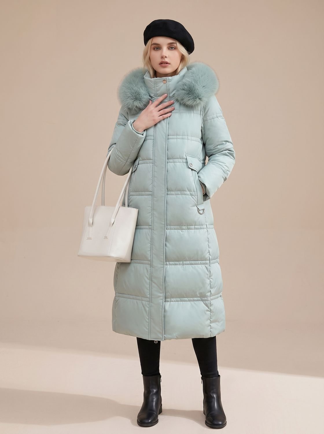 Women's Quilted Fur-Hood Full-Length Puffer Coat