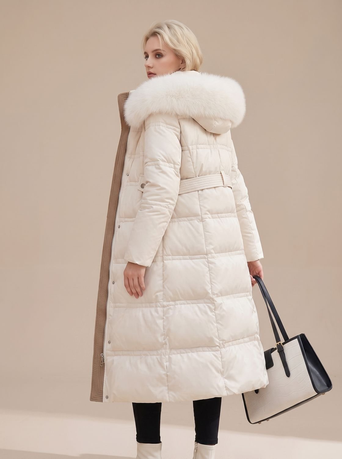 Women's Quilted Fur-Hood Full-Length Puffer Coat
