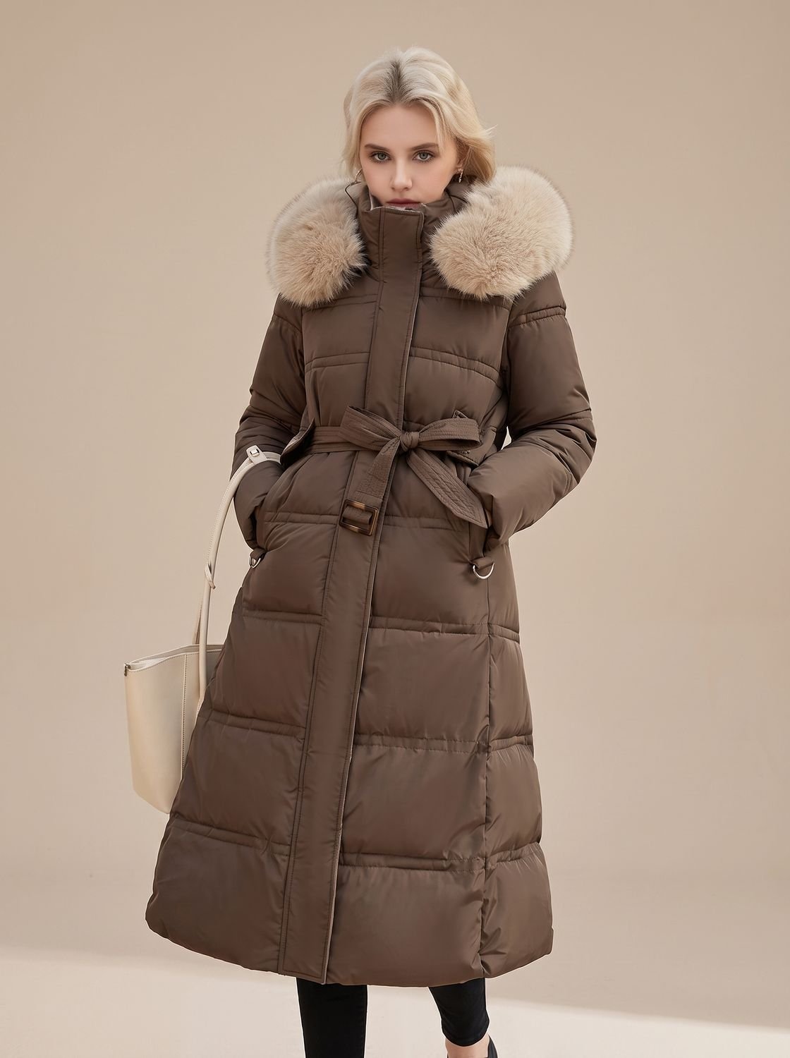 Women's Quilted Fur-Hood Full-Length Puffer Coat