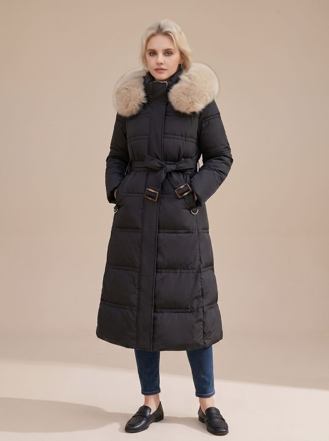 Women's Quilted Fur-Hood Full-Length Puffer Coat