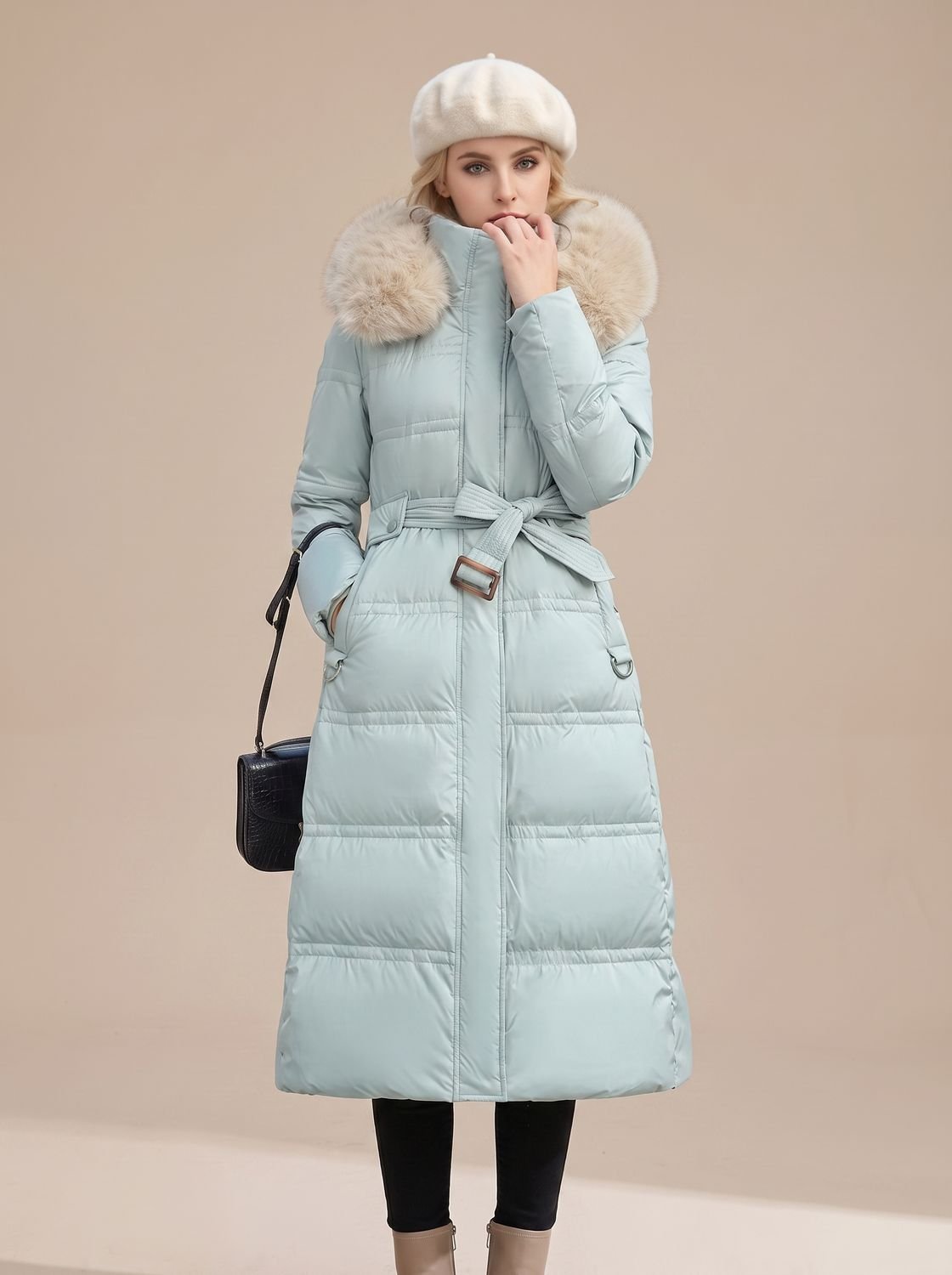 Women's Quilted Fur-Hood Full-Length Puffer Coat