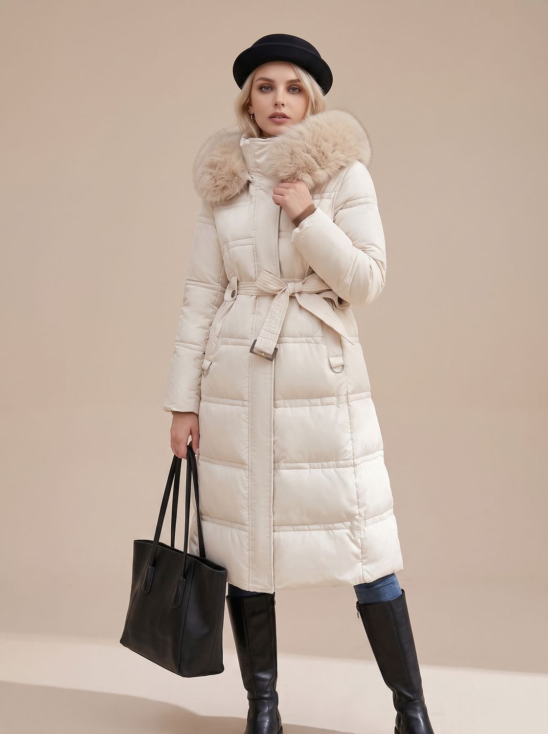 Women's Quilted Fur-Hood Full-Length Puffer Coat