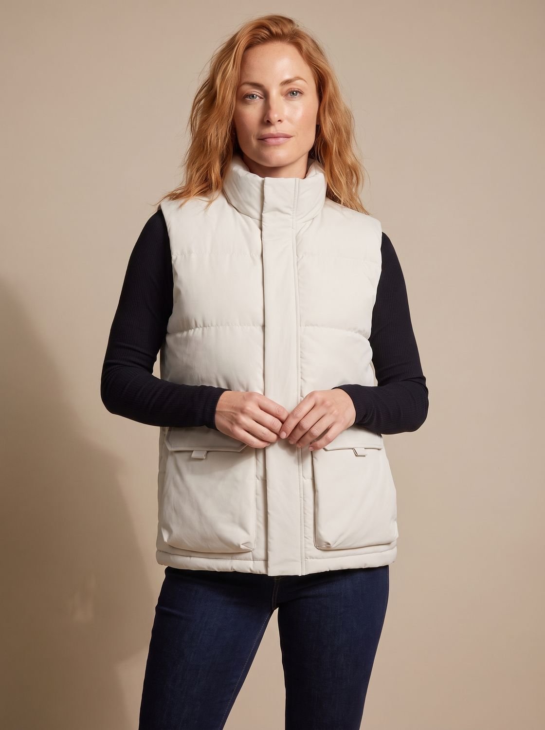 Women's Quilted High-Neck Zip-Up Puffer Vest with Flap Pockets