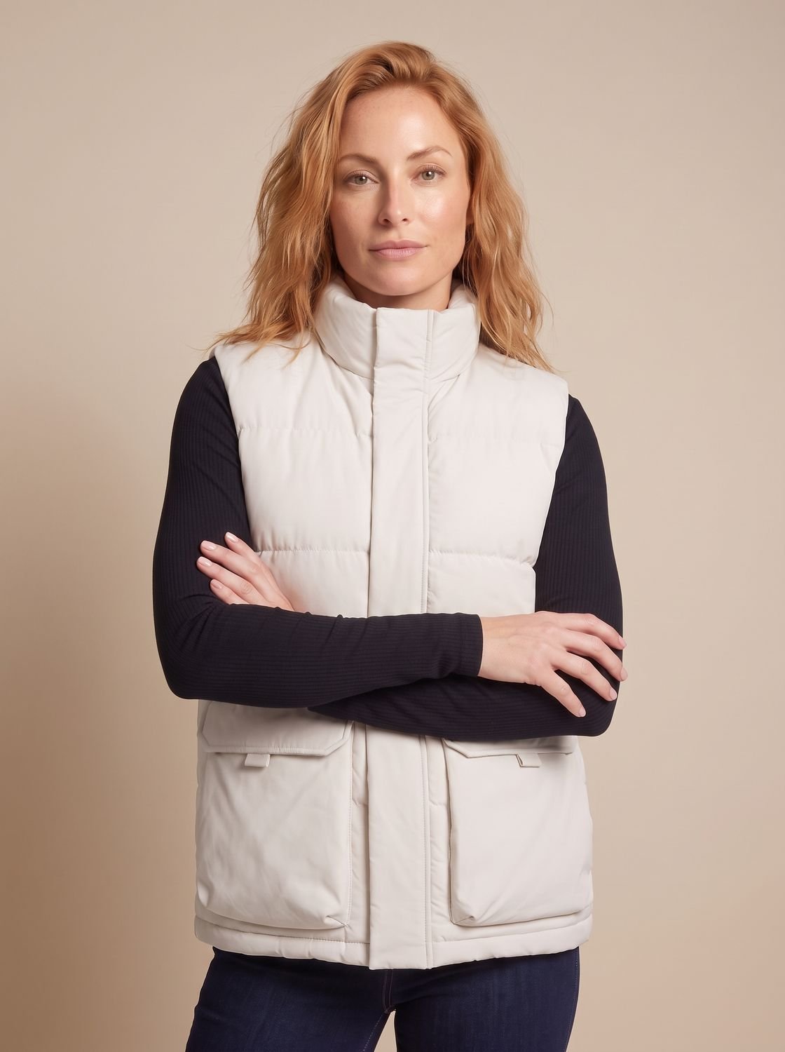 Women's Quilted High-Neck Zip-Up Puffer Vest with Flap Pockets