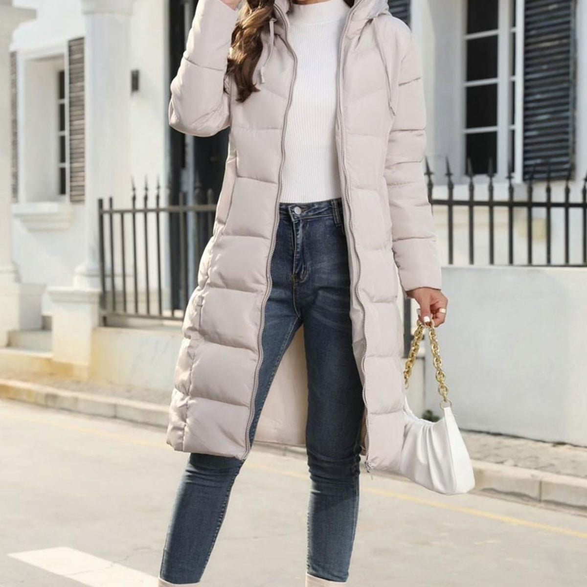 Women's Quilted Hooded Long Puffer Winter Coat with Full Zip