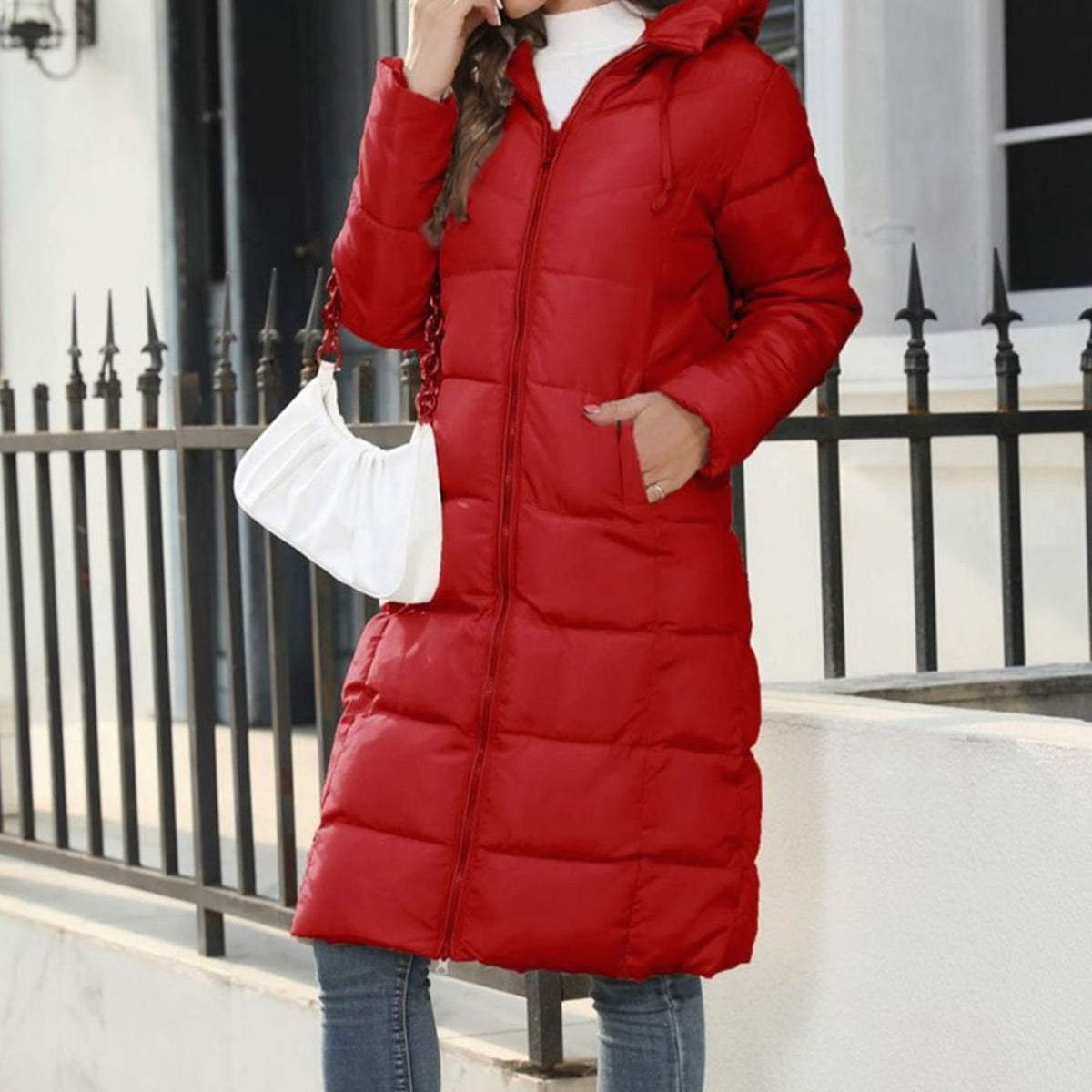 Women's Quilted Hooded Long Puffer Winter Coat with Full Zip