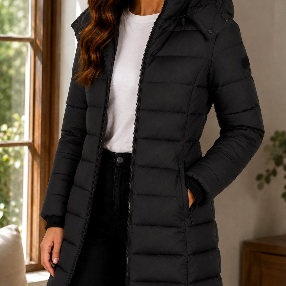 Women's Quilted Longline Hooded Winter Coat