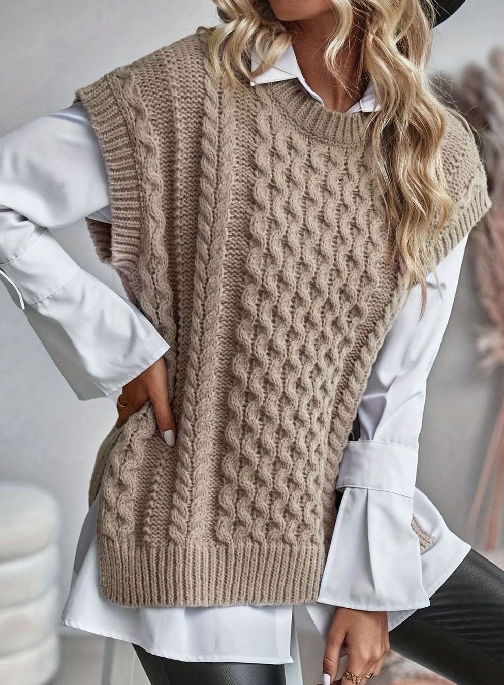 Women's Relaxed-Fit Cable-Knit Sweater Vest Pullover