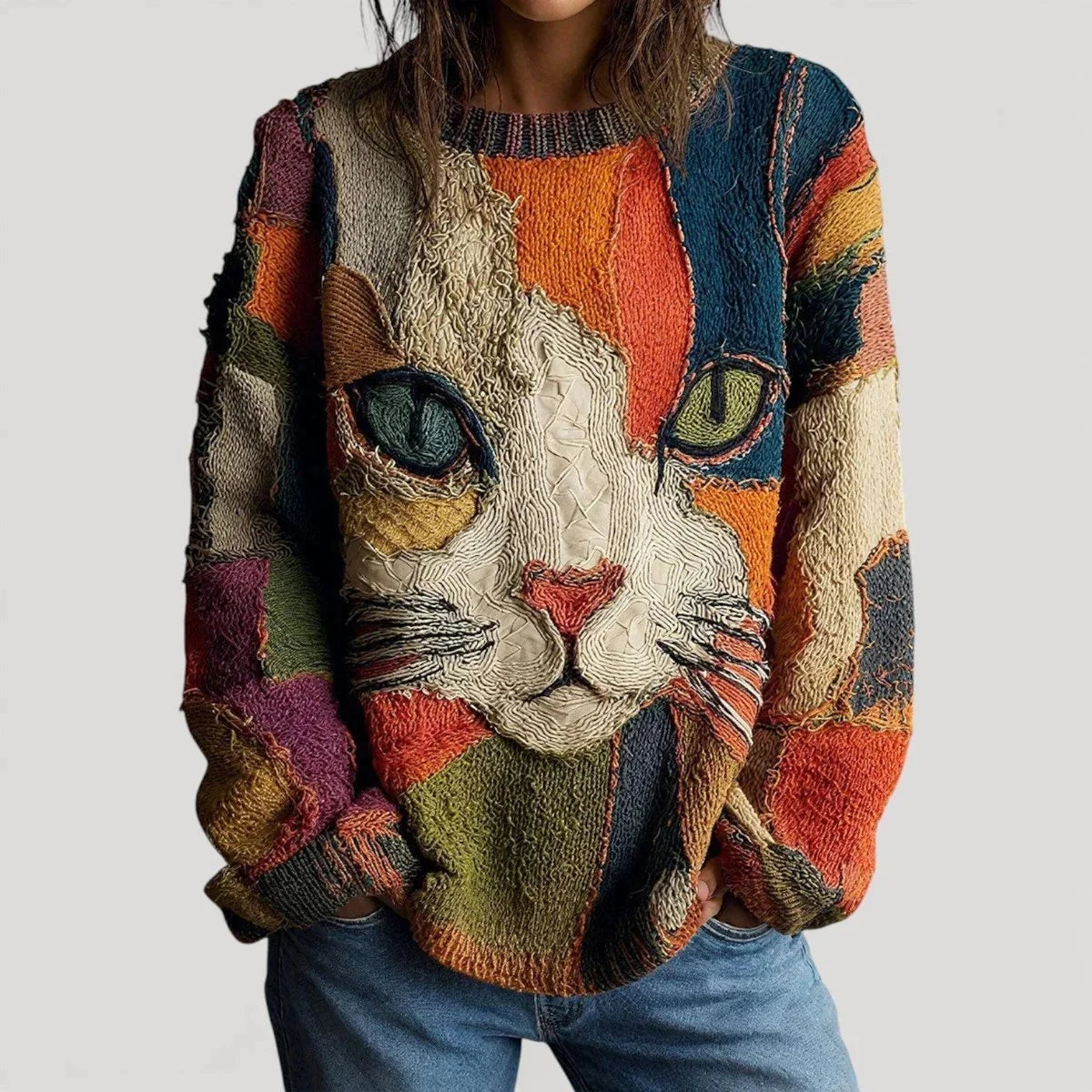 Women's Relaxed Fit Crewneck Knit Sweater with Cat Pattern