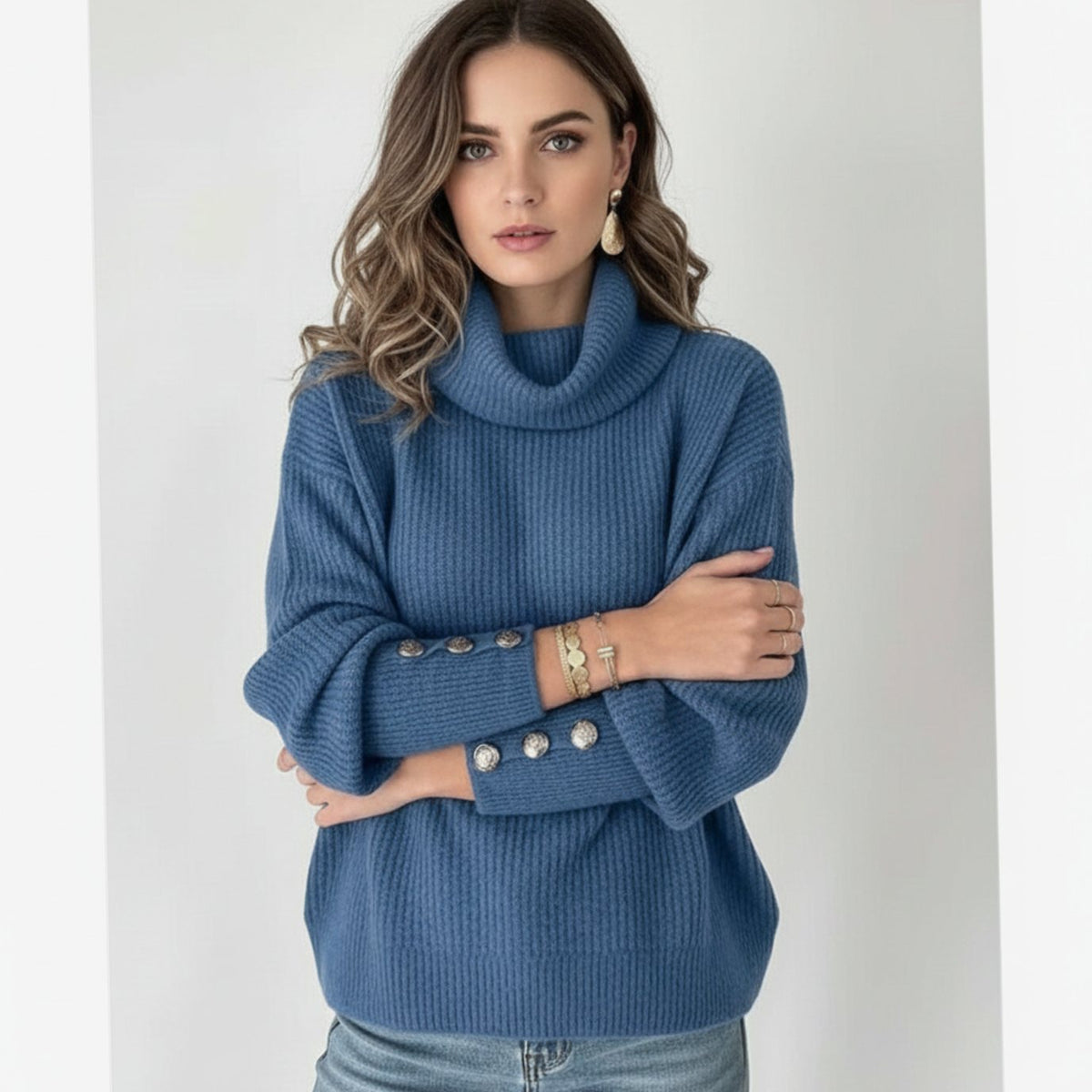 Women's Relaxed-Fit Rib-Knit Turtleneck Sweater with Button Cuffs