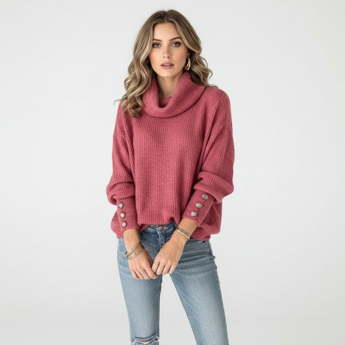 Women's Relaxed-Fit Rib-Knit Turtleneck Sweater with Button Cuffs