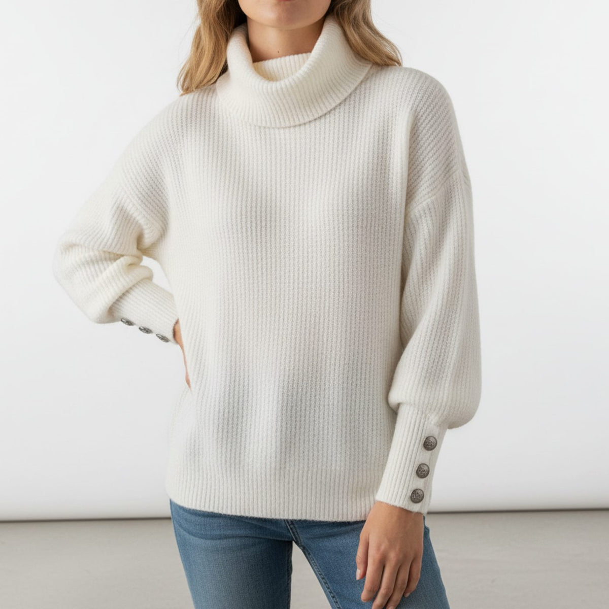 Women's Relaxed-Fit Rib-Knit Turtleneck Sweater with Button Cuffs