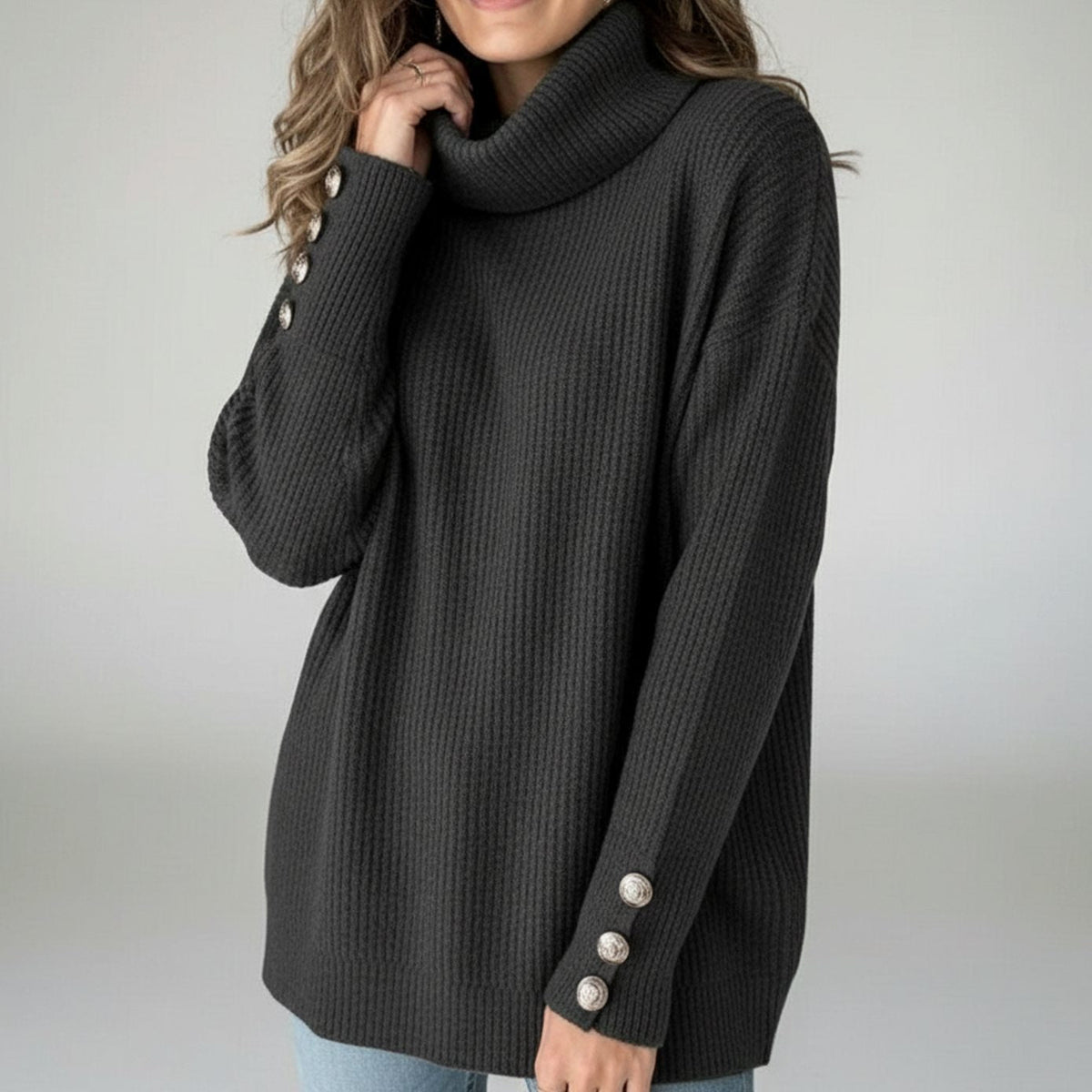 Women's Relaxed-Fit Rib-Knit Turtleneck Sweater with Button Cuffs