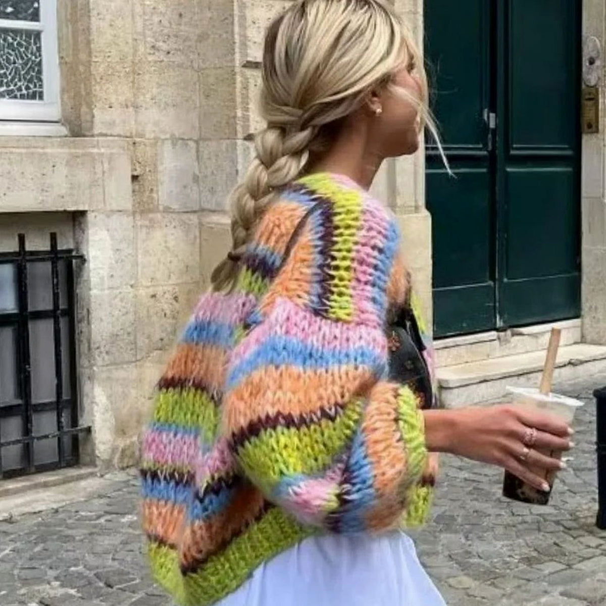 Women's Relaxed-Fit Striped Knit Oversized Cardigan Sweater