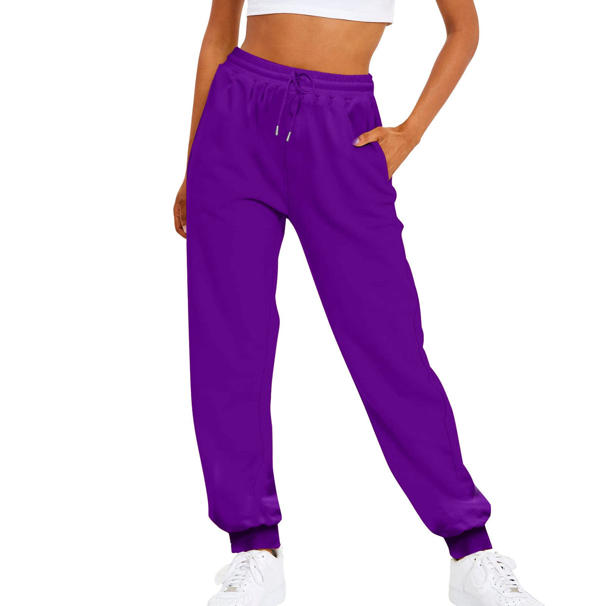 Women's Relaxed High-Waist Jogger Pants with Elastic Waistband, Drawstring, and Ribbed Cuffs