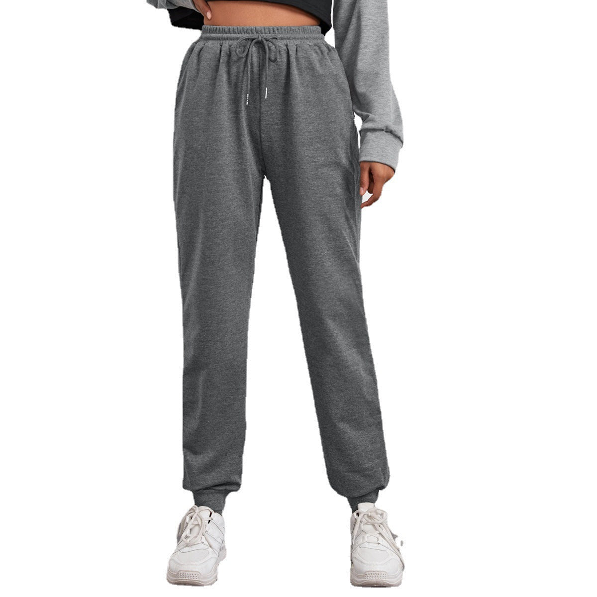 Women's Relaxed High-Waist Jogger Pants with Elastic Waistband, Drawstring, and Ribbed Cuffs