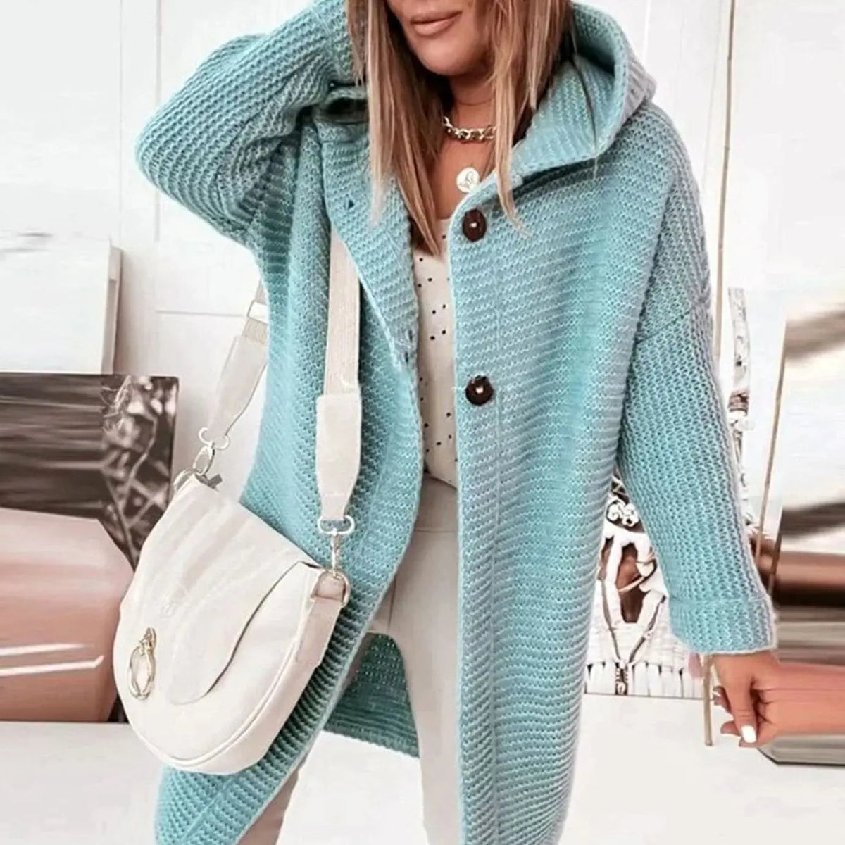 Women's Relaxed Longline Hooded Button-Up Knit Cardigan Jacket