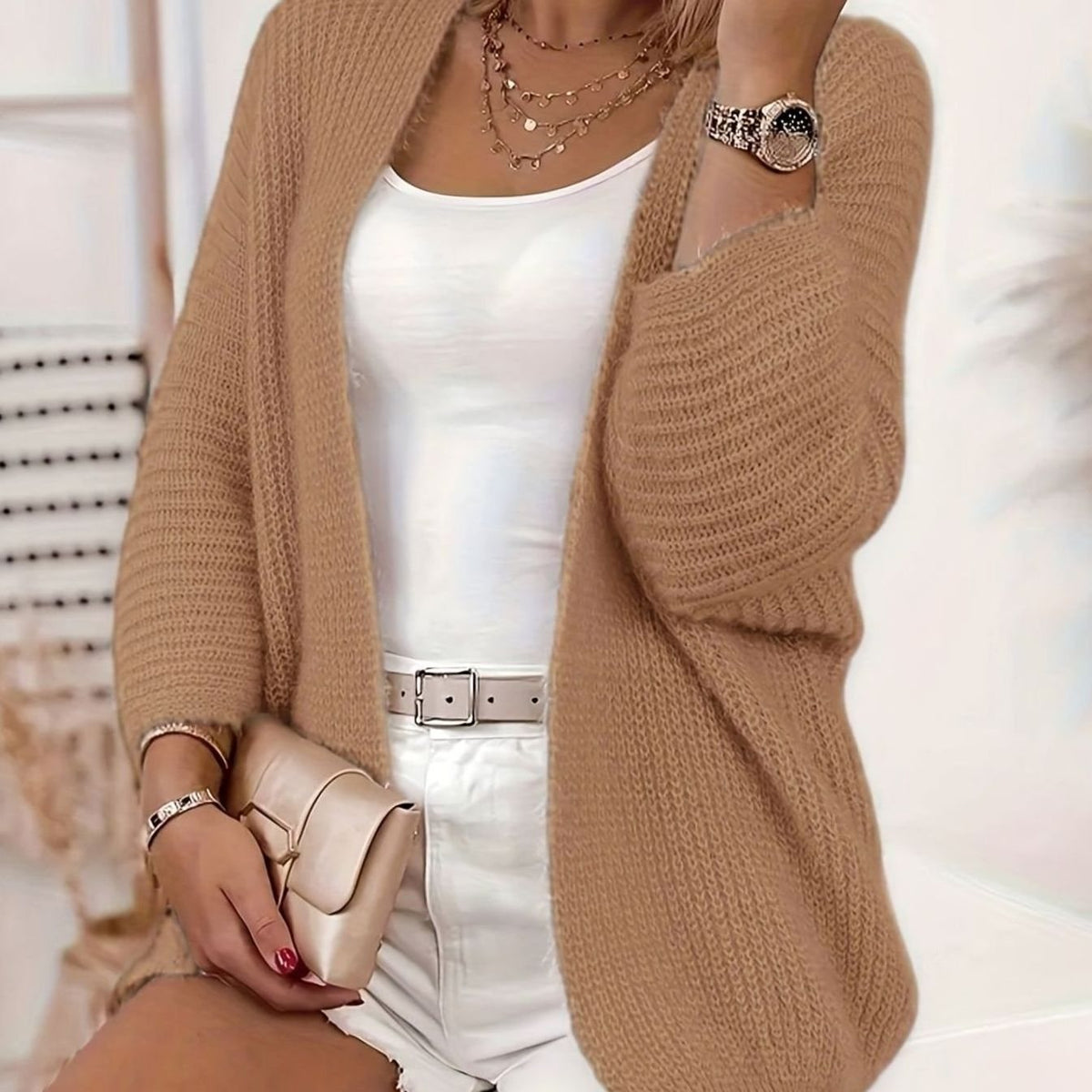 Women's Relaxed Open-Front Knit Cardigan Sweater