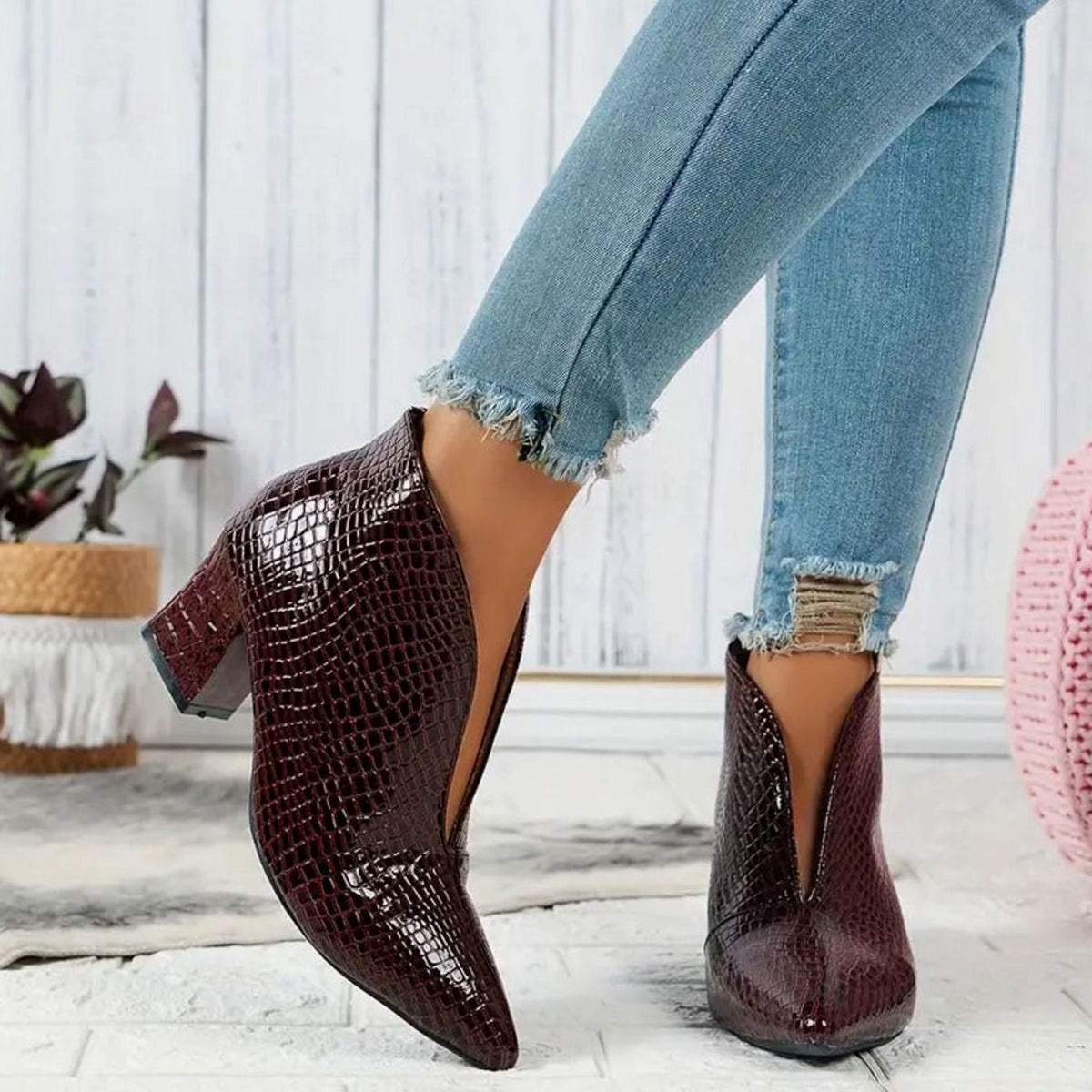 Women's Reptile-Textured V-Cut Pointed-Toe Block Heel Ankle Boots