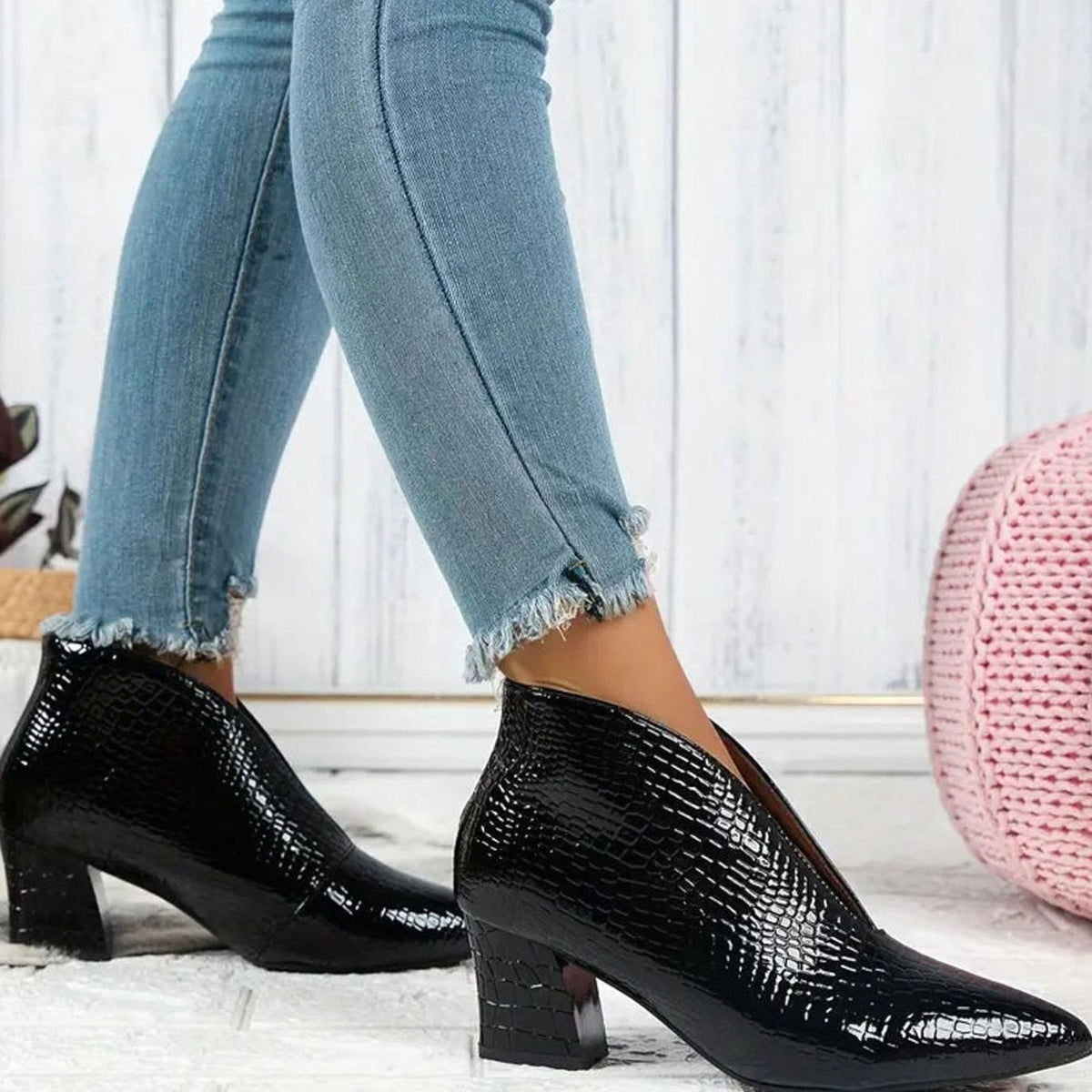 Women's Reptile-Textured V-Cut Pointed-Toe Block Heel Ankle Boots