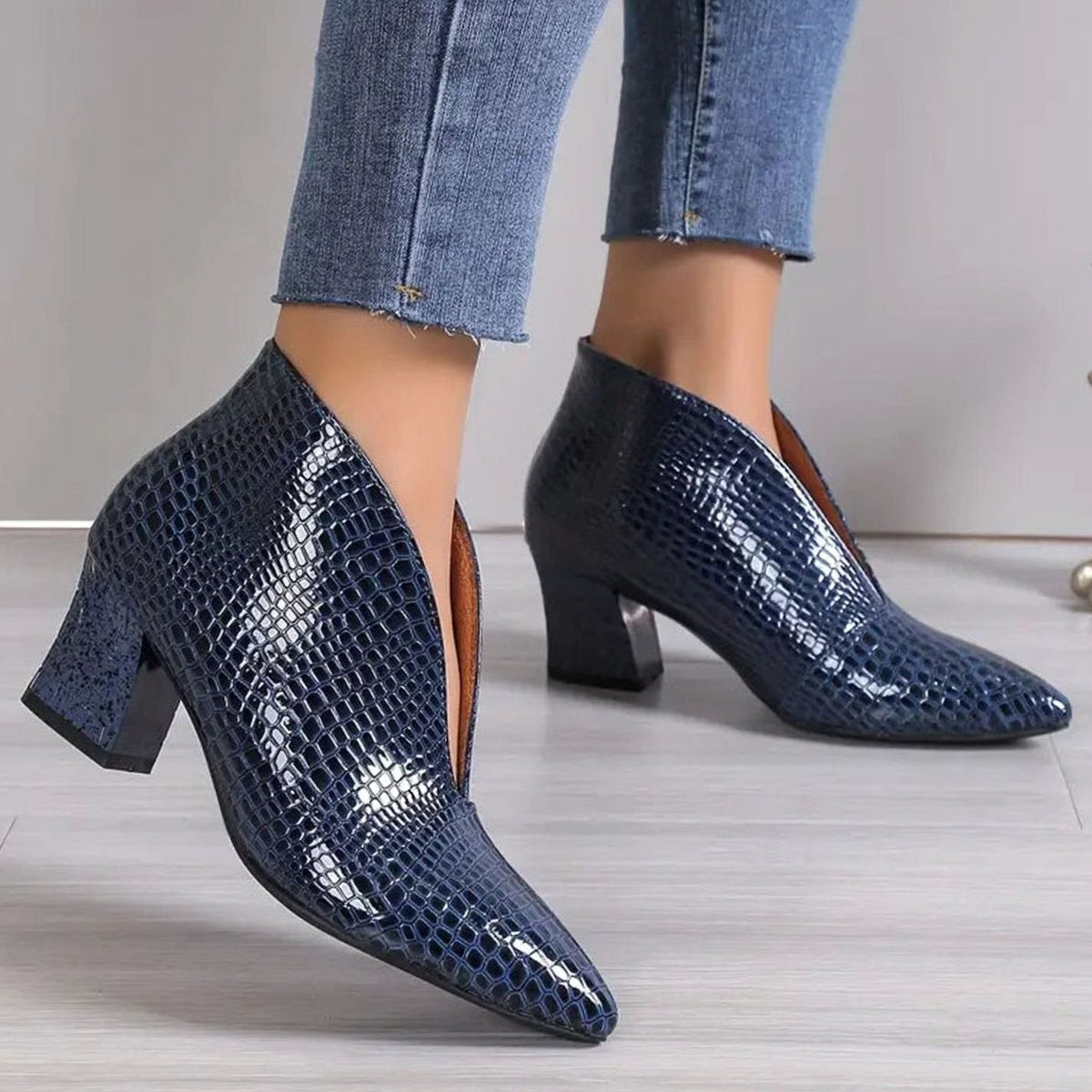 Women's Reptile-Textured V-Cut Pointed-Toe Block Heel Ankle Boots