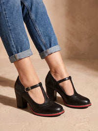 Women's Retro Brogue T-Bar Block Heel Pumps