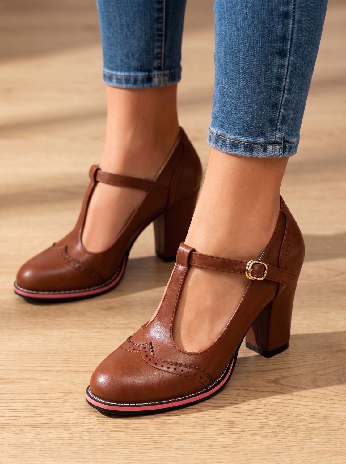 Women's Retro Brogue T-Bar Block Heel Pumps
