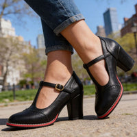 Women's Retro Brogue T-Bar Block Heel Pumps with Gold Buckle