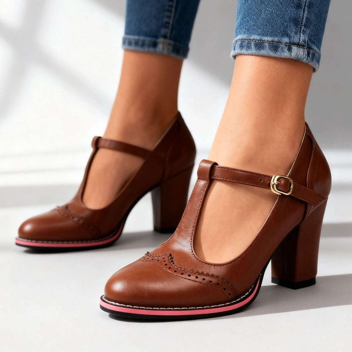 Women's Retro Brogue T-Bar Block Heel Pumps with Gold Buckle