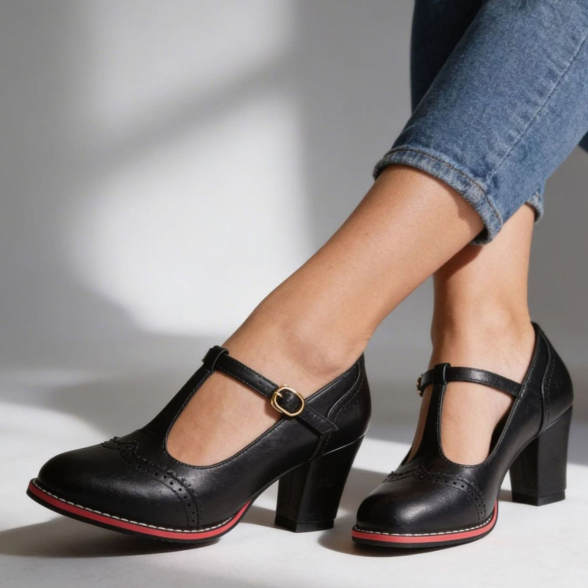 Women's Retro Brogue T-Bar Block Heel Pumps with Gold Buckle