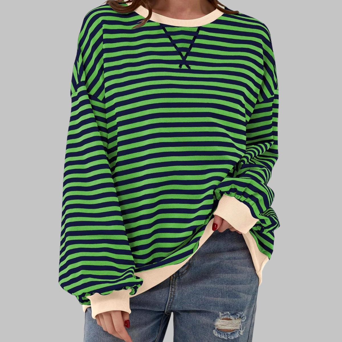Women's Retro Striped Oversized Crew Neck Sweatshirt