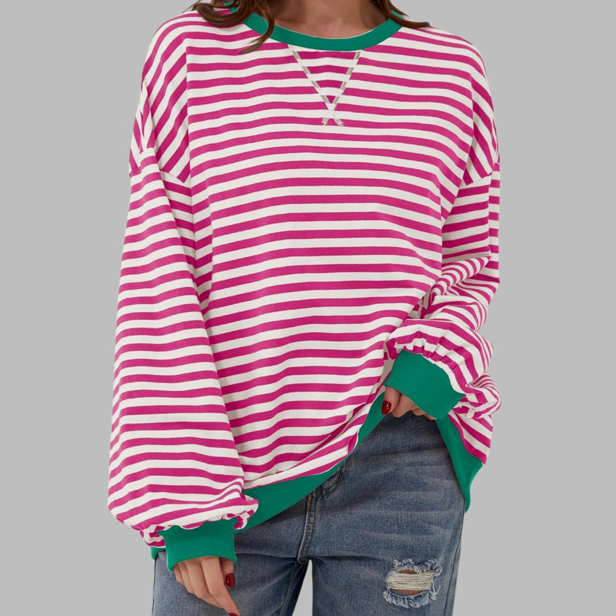 Women's Retro Striped Oversized Crew Neck Sweatshirt