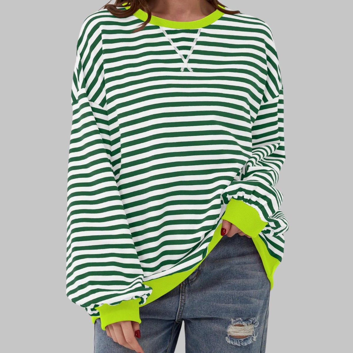 Women's Retro Striped Oversized Crew Neck Sweatshirt