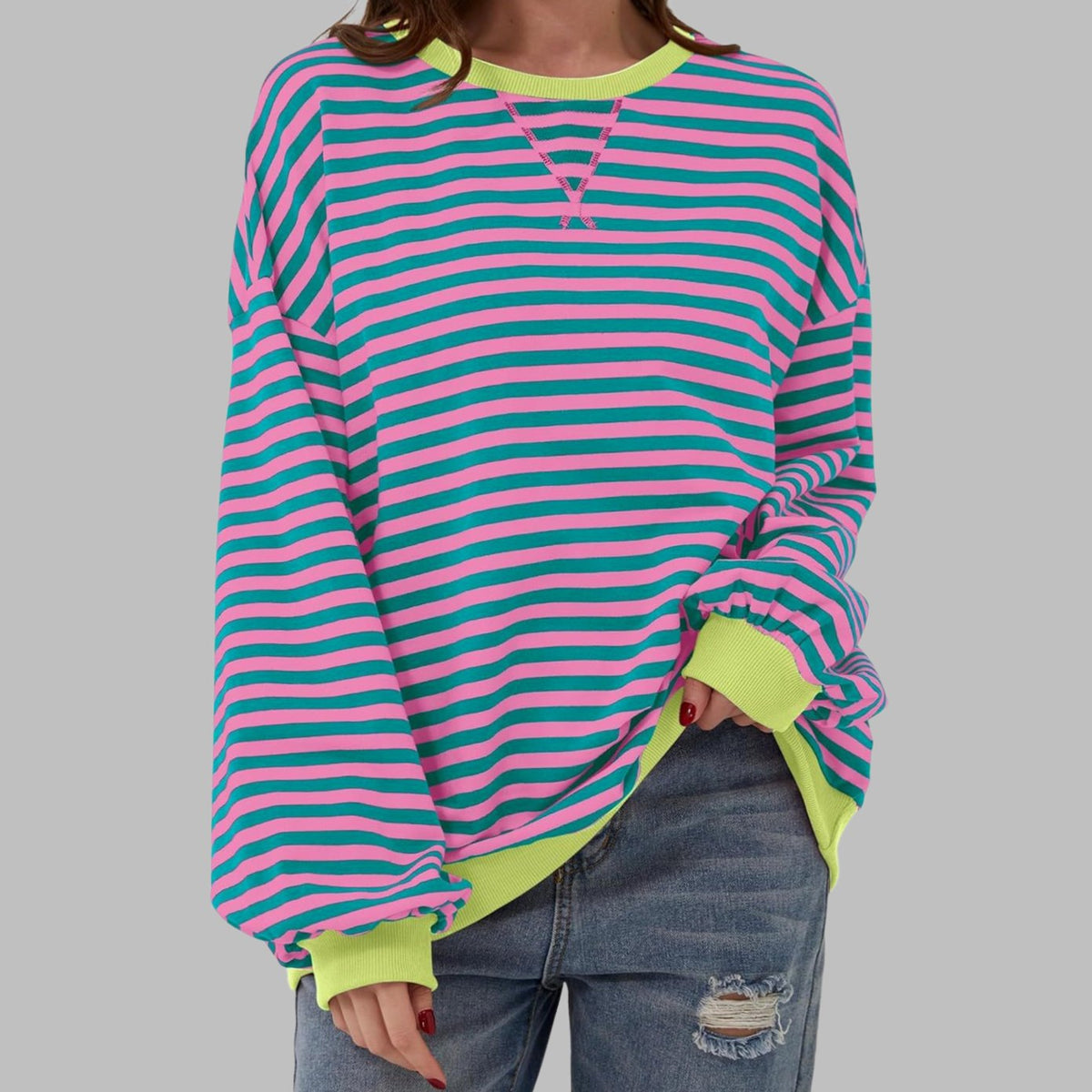 Women's Retro Striped Oversized Crew Neck Sweatshirt
