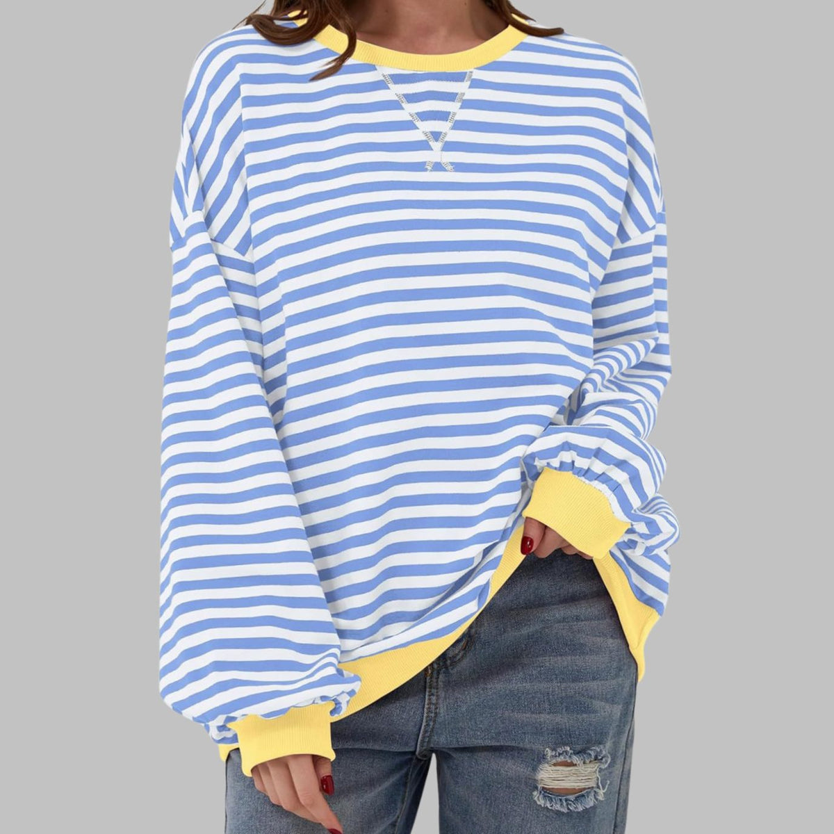 Women's Retro Striped Oversized Crew Neck Sweatshirt