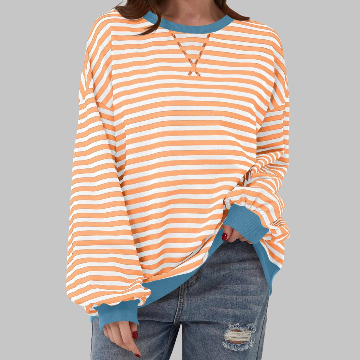 Women's Retro Striped Oversized Crew Neck Sweatshirt