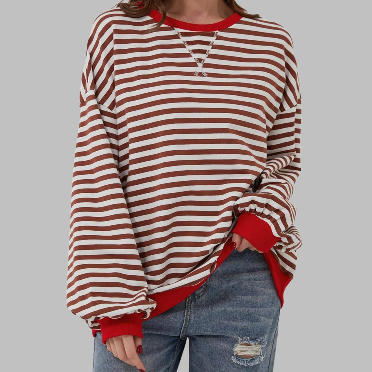 Women's Retro Striped Oversized Crew Neck Sweatshirt