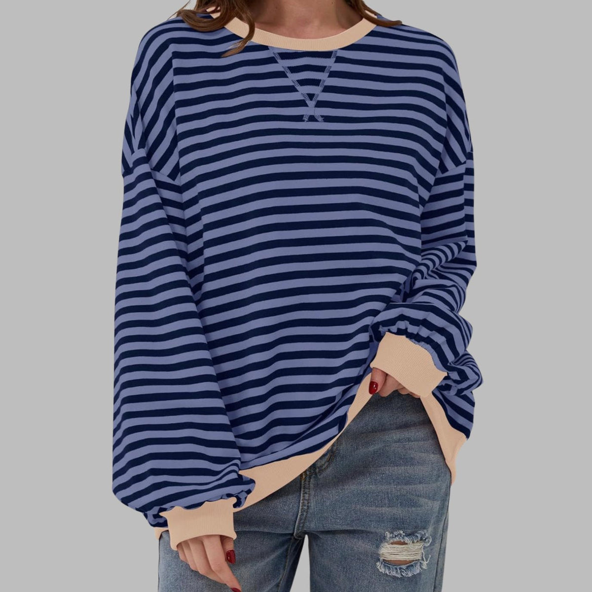 Women's Retro Striped Oversized Crew Neck Sweatshirt