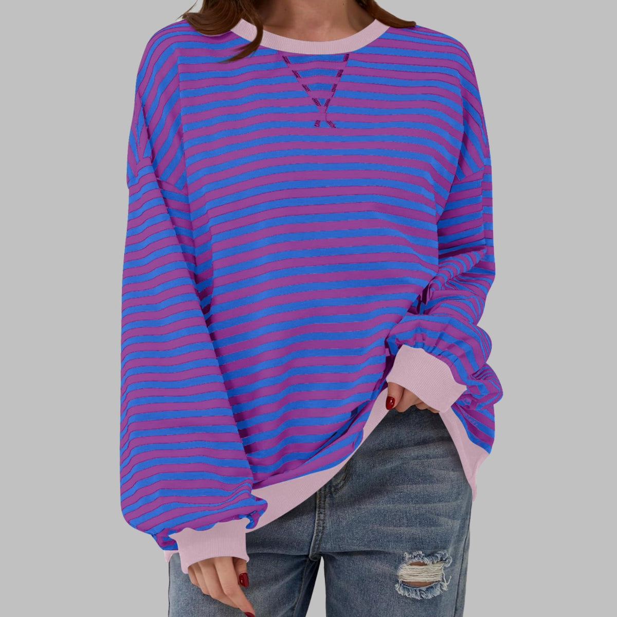 Women's Retro Striped Oversized Crew Neck Sweatshirt