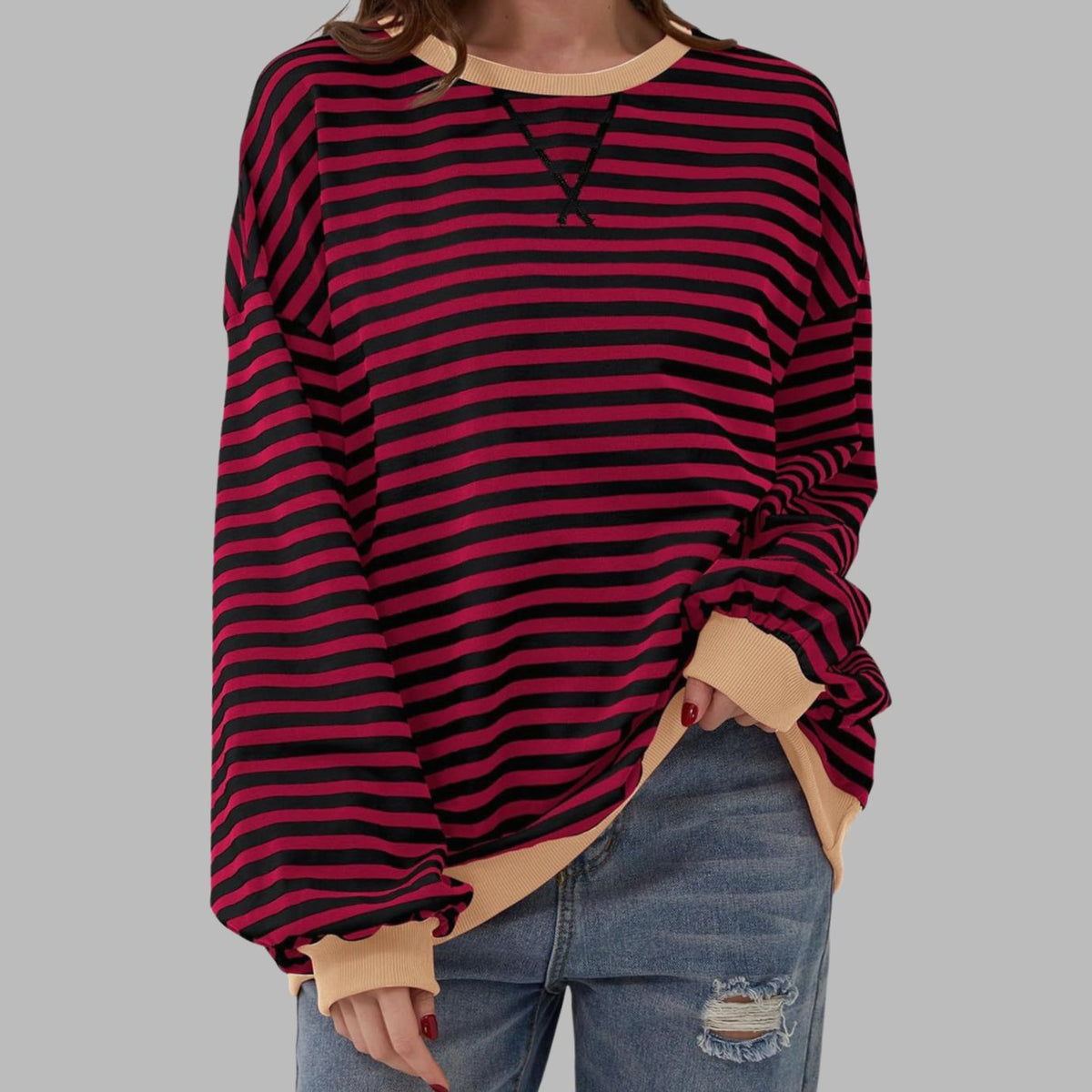 Women's Retro Striped Oversized Crew Neck Sweatshirt