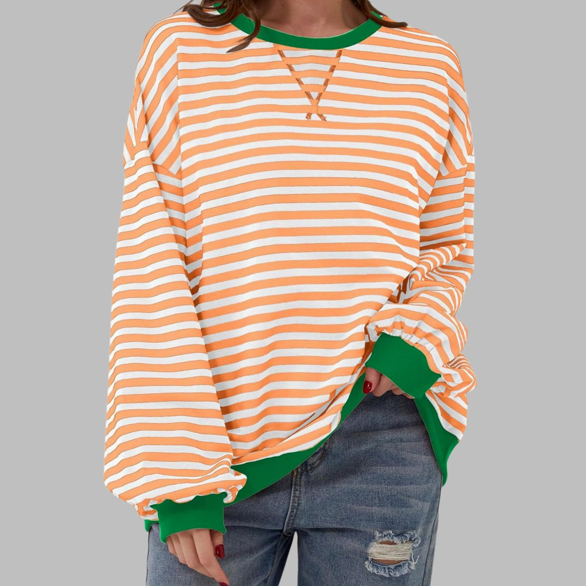 Women's Retro Striped Oversized Crew Neck Sweatshirt