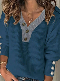 Women's Ribbed Knit V-Neck Button-Trim Pullover Sweater