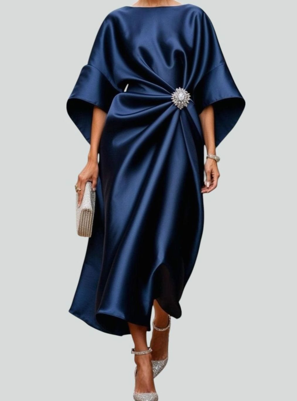 Women's Satin Batwing-Sleeve Brooch-Waist Draped Midi Dress
