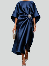 Women's Satin Batwing-Sleeve Brooch-Waist Draped Midi Dress