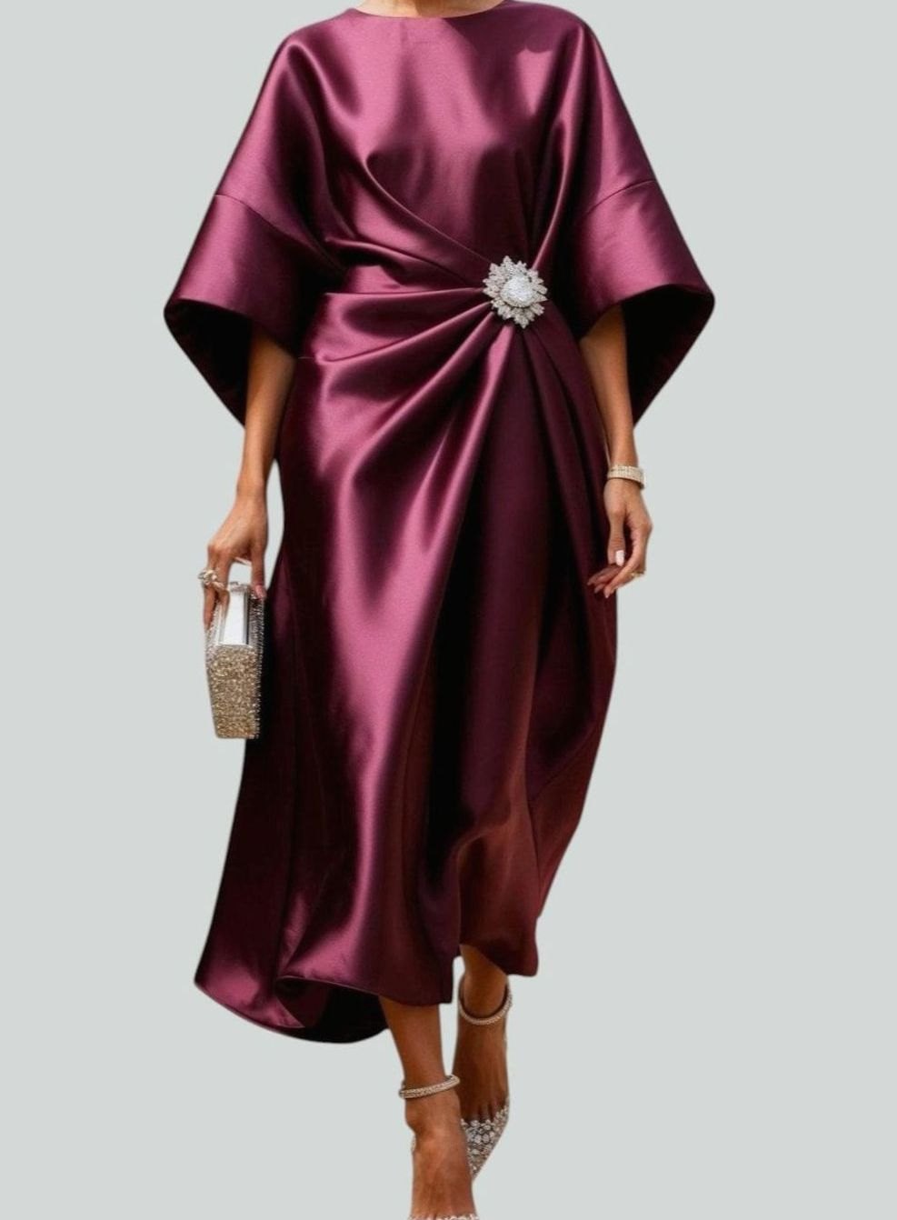 Women's Satin Batwing-Sleeve Brooch-Waist Draped Midi Dress