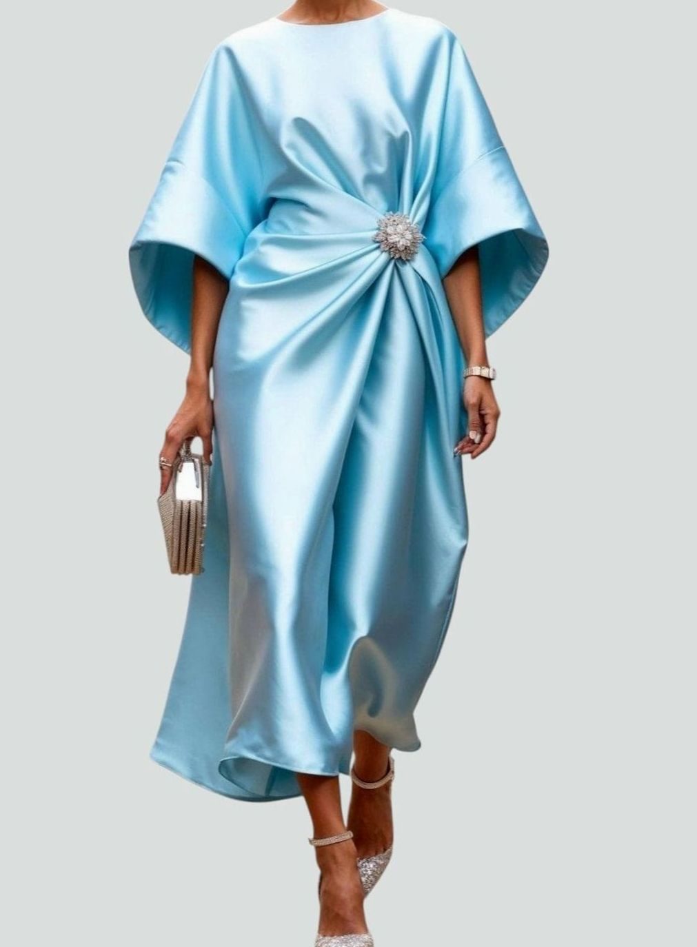Women's Satin Batwing-Sleeve Brooch-Waist Draped Midi Dress