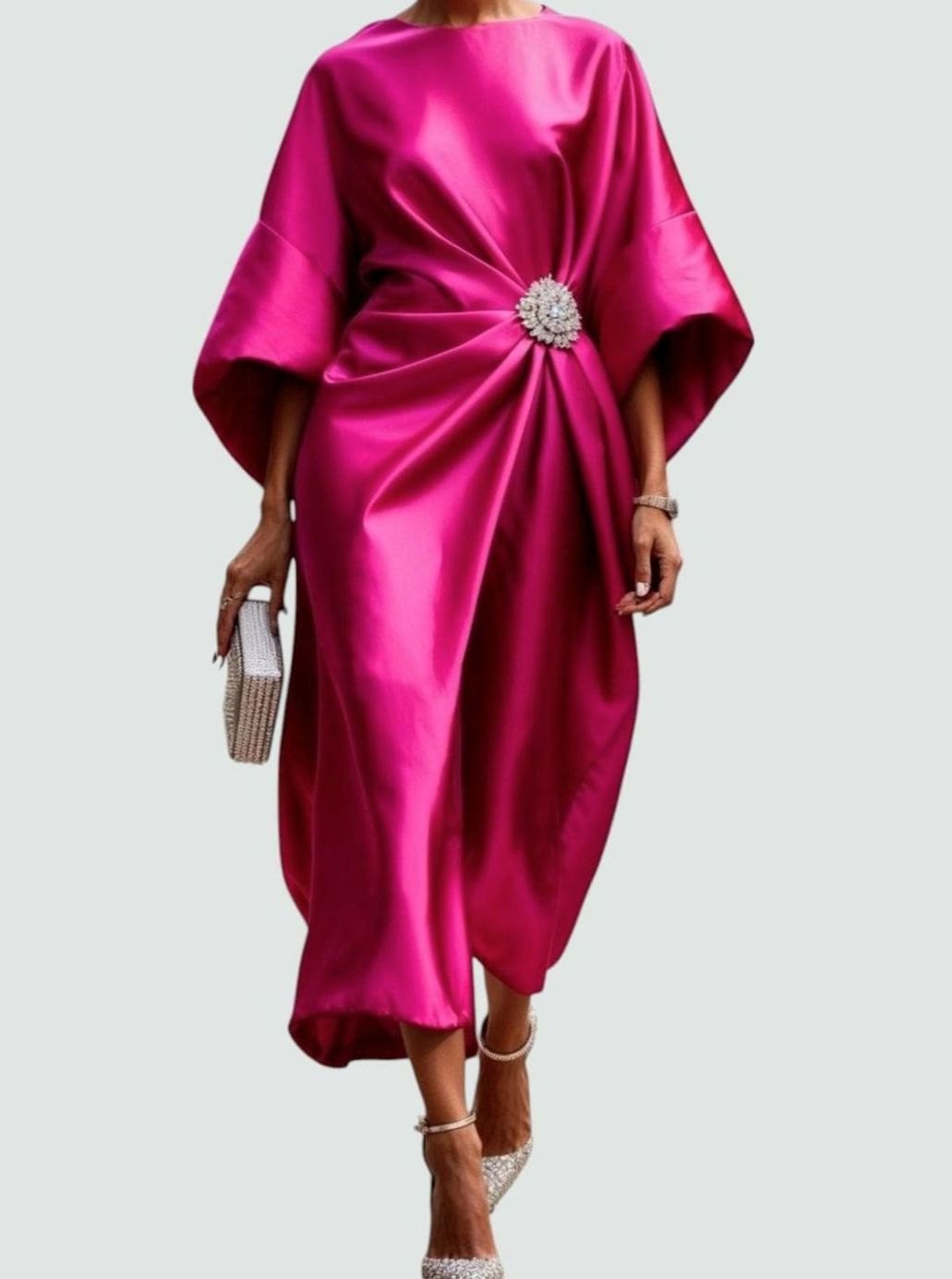 Women's Satin Batwing-Sleeve Brooch-Waist Draped Midi Dress