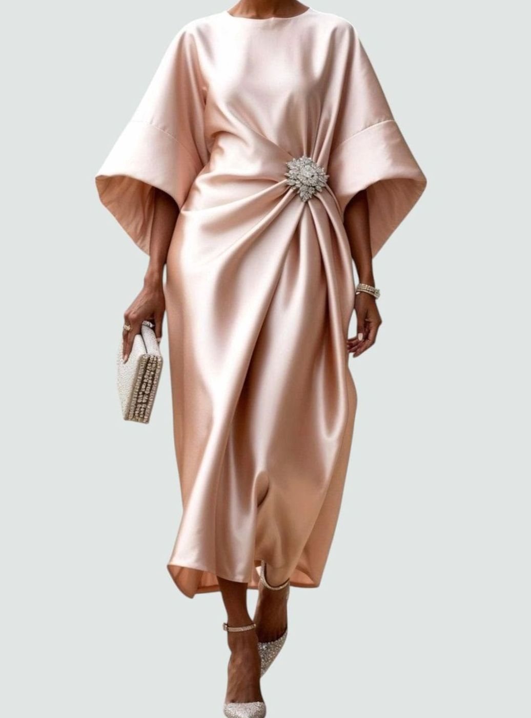 Women's Satin Batwing-Sleeve Brooch-Waist Draped Midi Dress