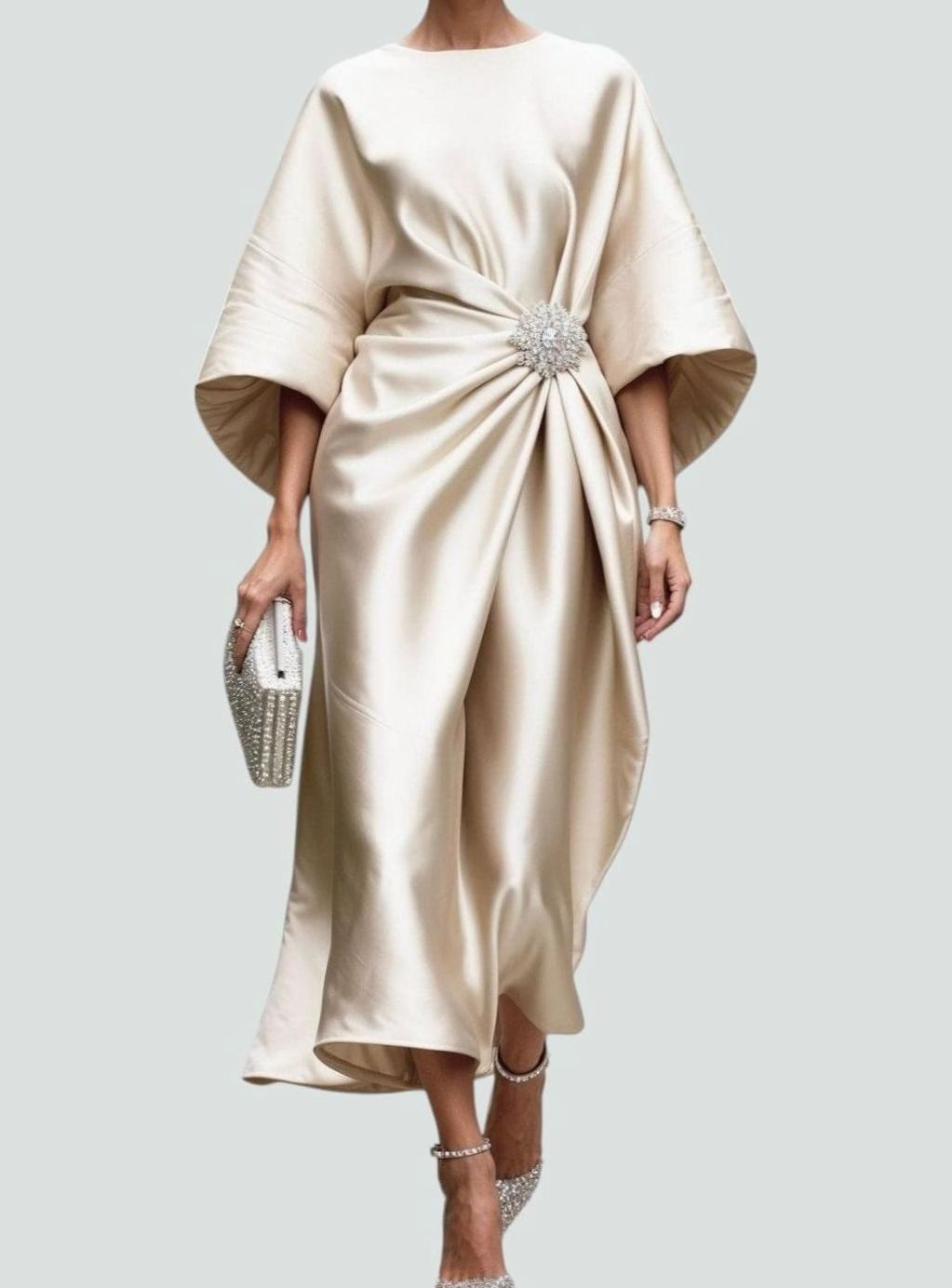 Women's Satin Batwing-Sleeve Brooch-Waist Draped Midi Dress